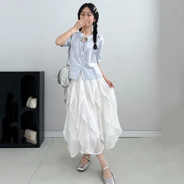 Korean Style Lace Tulle Long Skirt Women Fairycore Sweet
