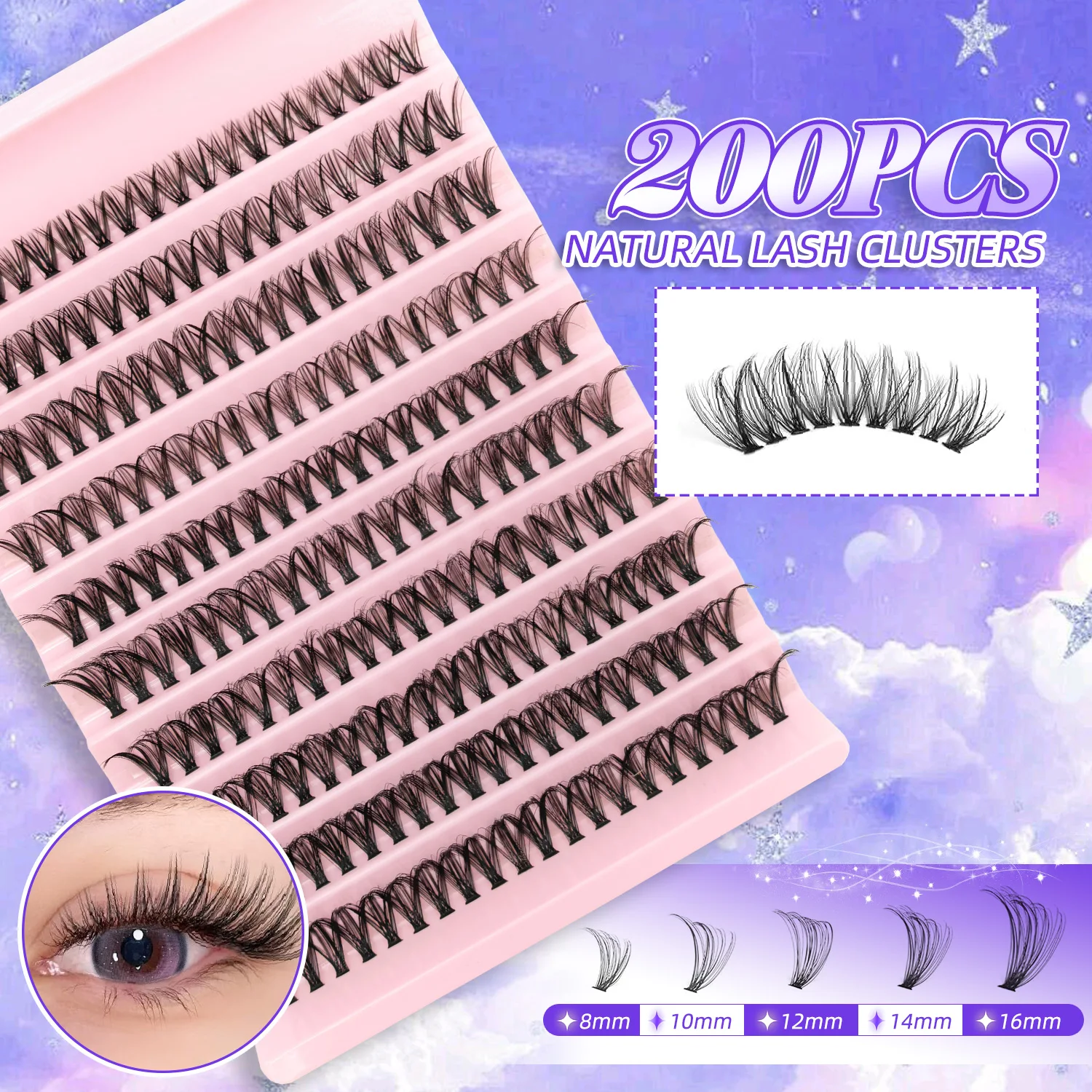 200개입 D컬 속눈썹 클러스터 세트 (30D, 40D, 80D 및 80D 스파이키 스타일 내추럴 위스피 볼륨 래쉬)