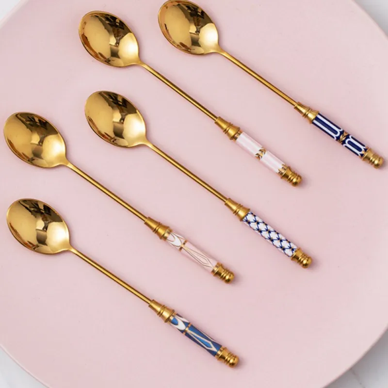 

Stainless Steel Spoon Ceramic Long Handle Icecream Spoon Teaspoon Dessert Coffee Cake Fruit Milk Spoon Kitchen Tableware