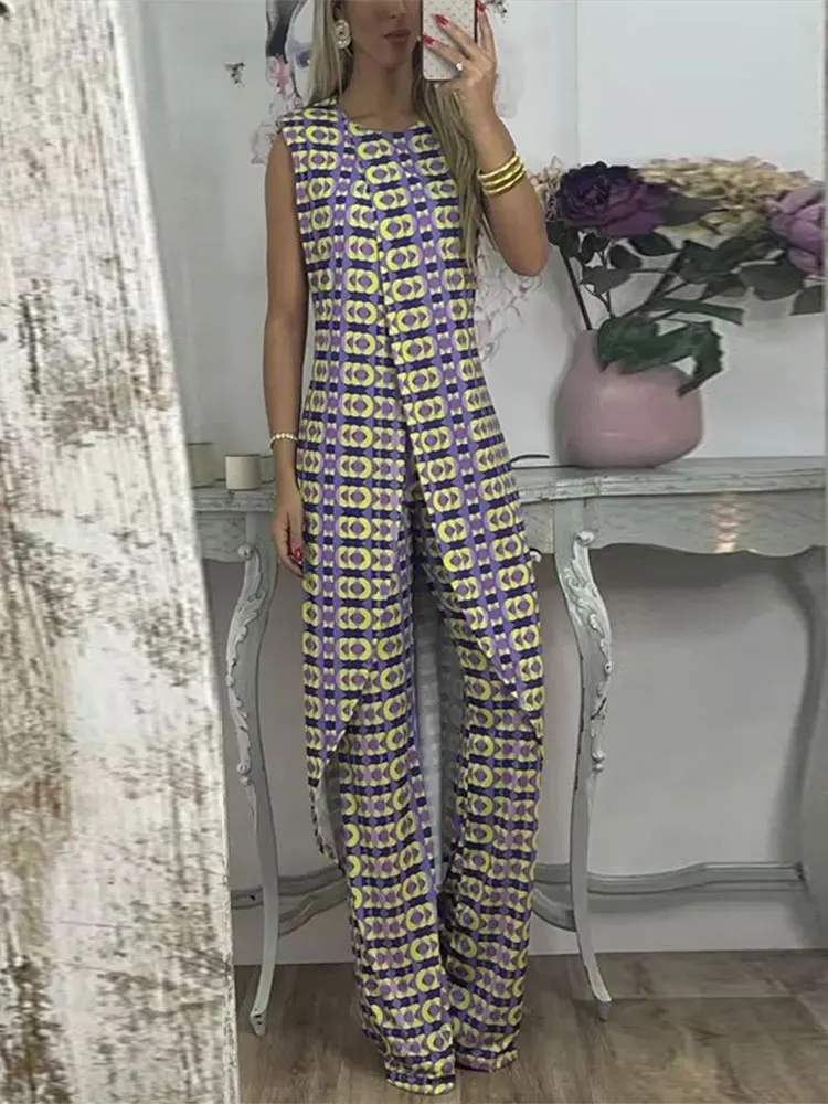 

Split Long Top Suit 2023 Autumn Office Lady Fashion Outfit Elegant Printed Women's Straight Leg Pants Set Chic O Neck Sleeveless