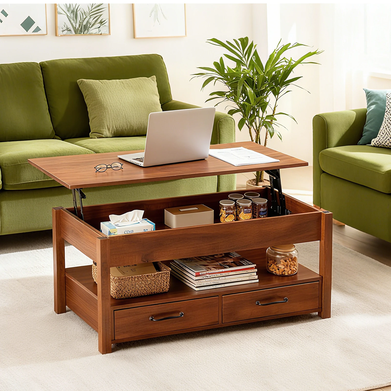 JHK Lift Top Coffee Table with Drawers and Hidden Compartment Adjustable Height Small Coffee Table for Living Room with Storage