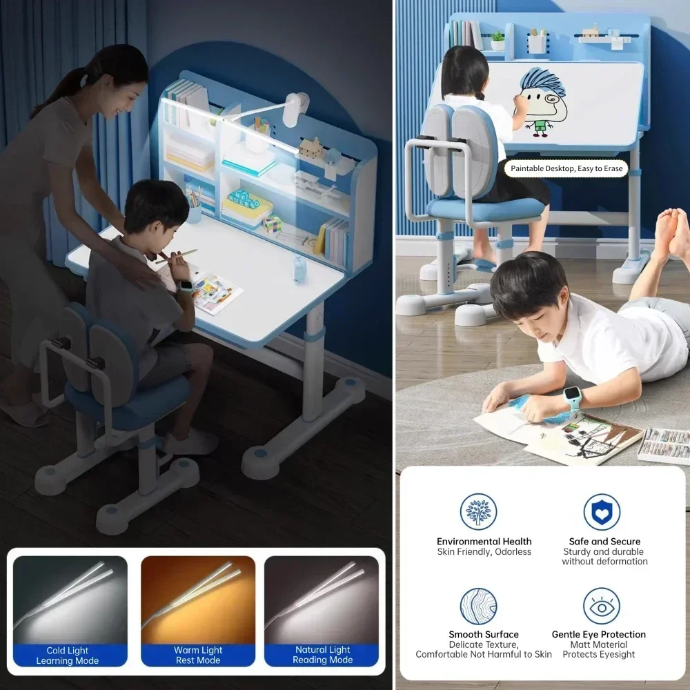 Kids Desk and Chair Set Height Adjustable, 31.5"W Ergonomic Kids School Writing Study Table Tilt Desktop Drawers Workstation