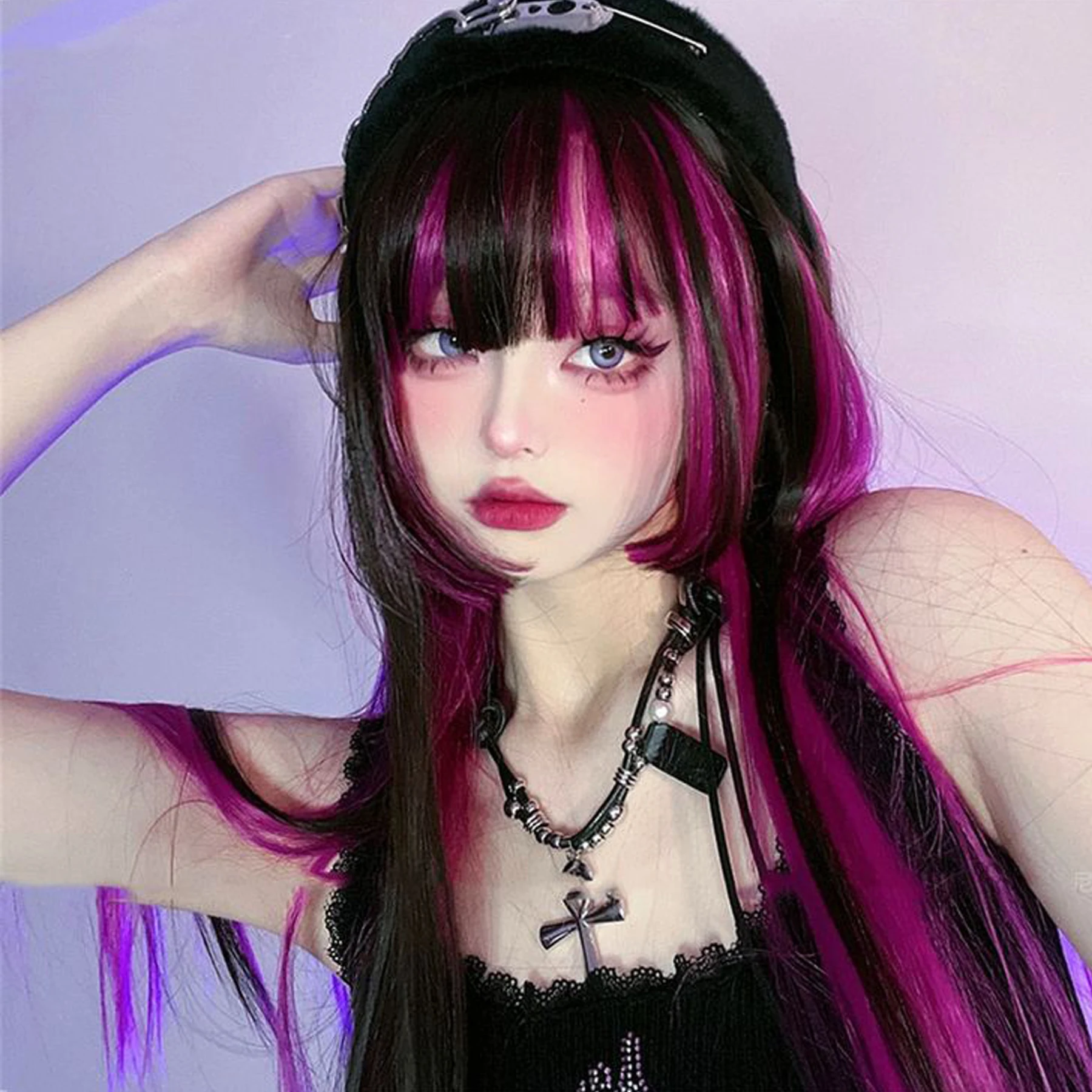 XIYUE Black And Rose Straight Hair Wig Synthetic Long Wavy Wigs with Bangs for Women Cosplay Natural High Temperature Fiber