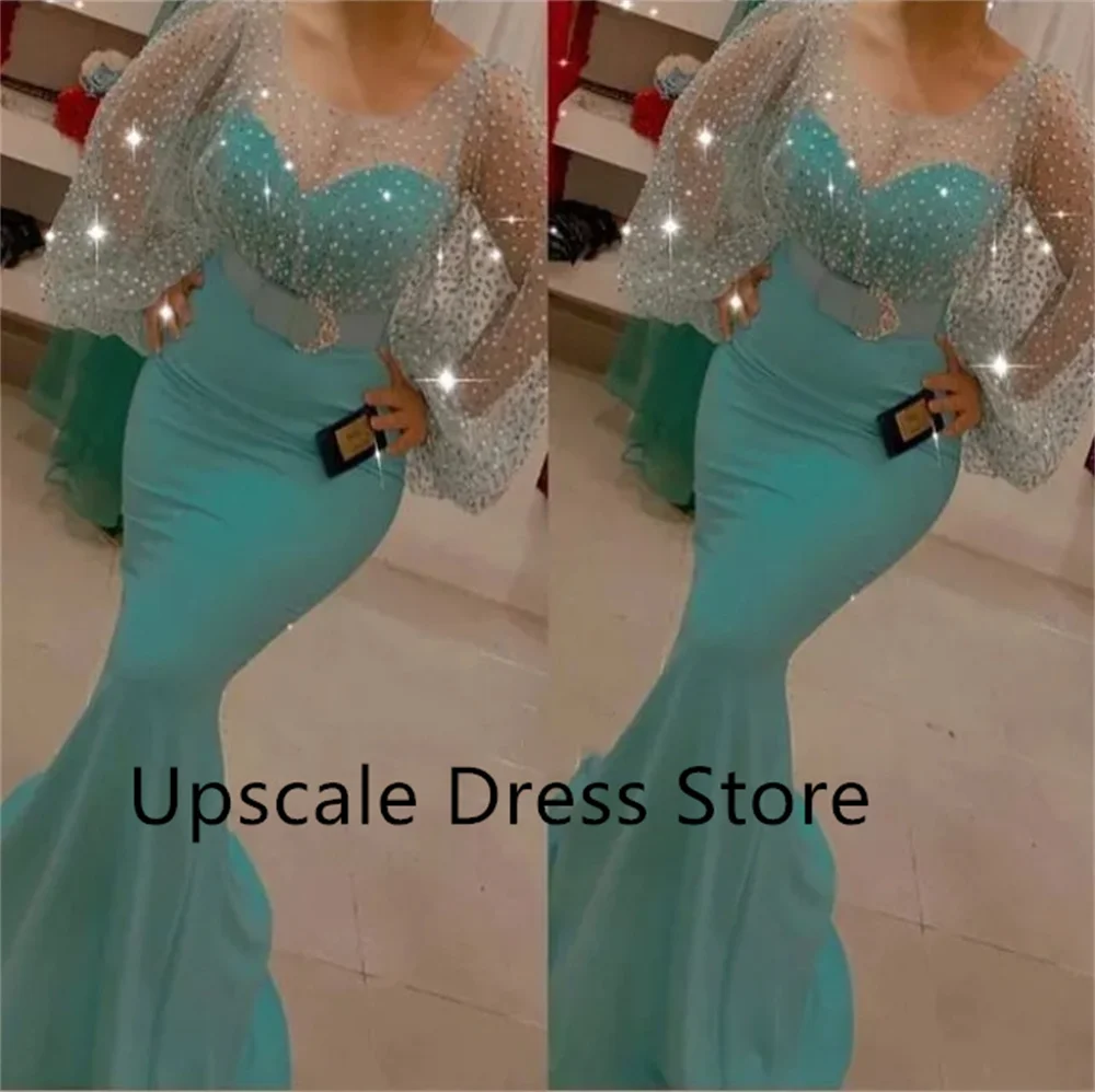 

Graceful Arabic Aso Ebi Mermaid Prom Dresses Sexy Sparkly Plus Size Custom Long Sleeves Sheer Neck Evening Formal Dress فساتين