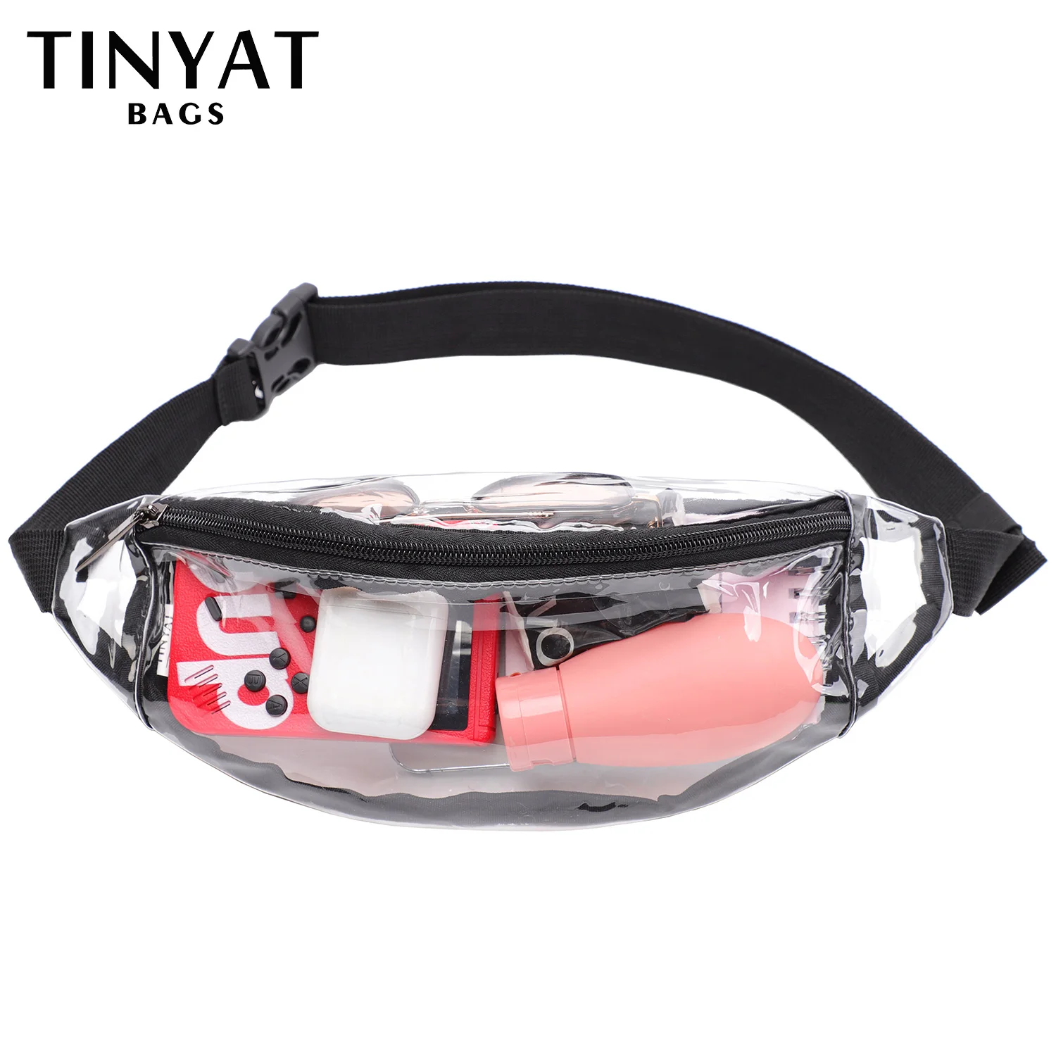 TINYAT Clear Women's Waist Bag Packs Concert Shoulder Belt Bag Man Casual Fanny Pouch PVC Fashion Bag For Women 2 Pockets