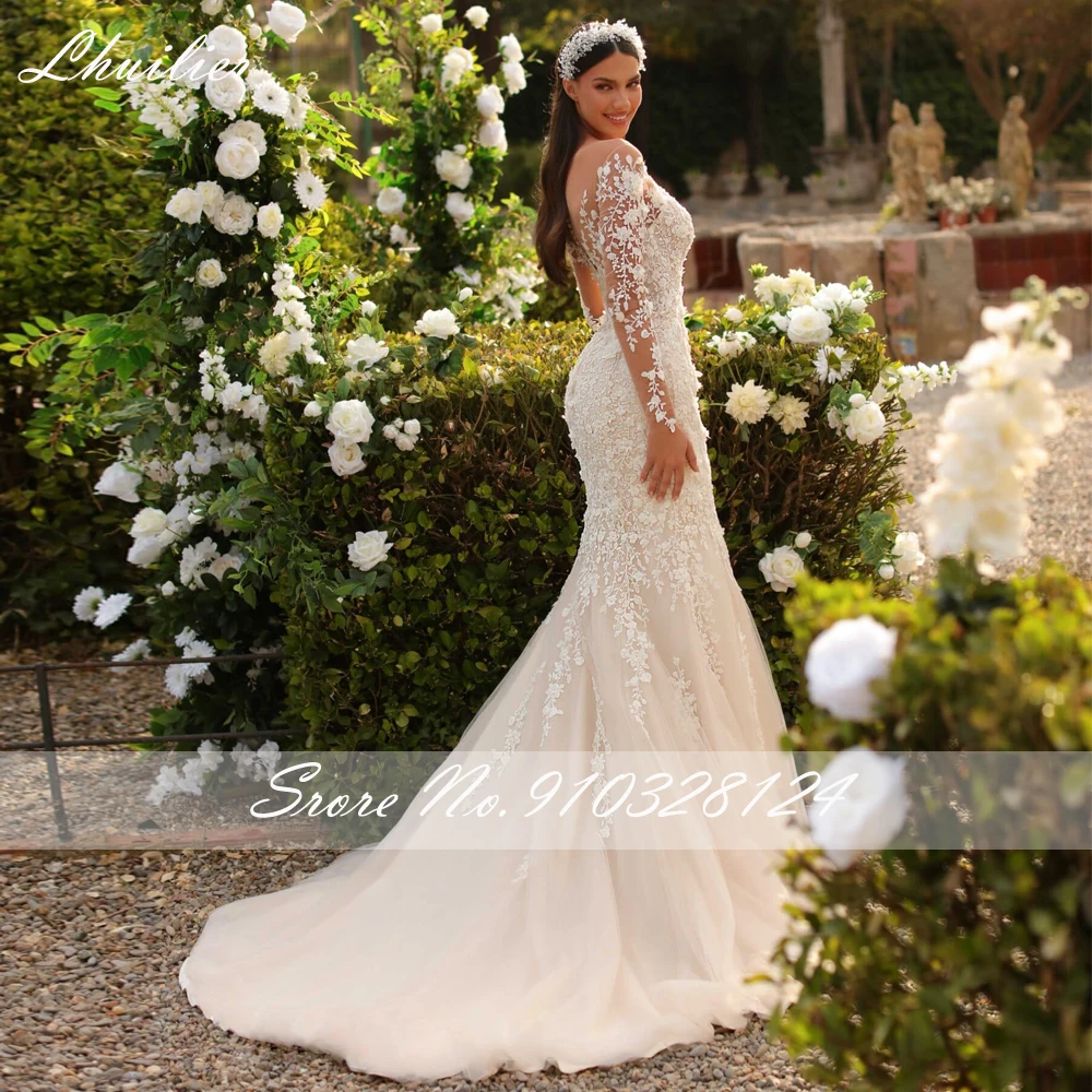 Lhuillier 2 in 1 Mermaid Lace Wedding Dresses Scoop Neck Full Sleeves Beaded Bridal Dress with Detachable Train