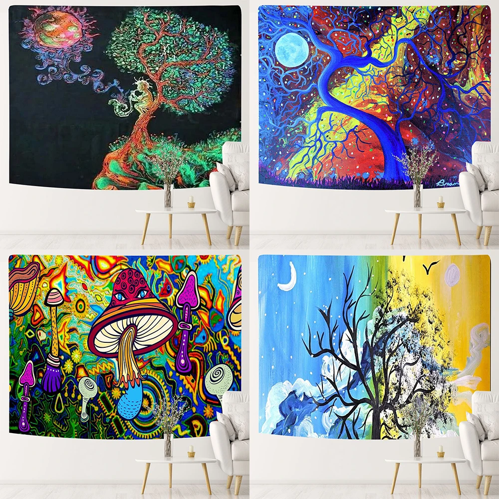

Fluorescence Tree Of Life Psychedelic Mushroom Moon Tapestry Pareo Beach Towel Blanket Wall Hanging Mural Dorm Home Tablecloth