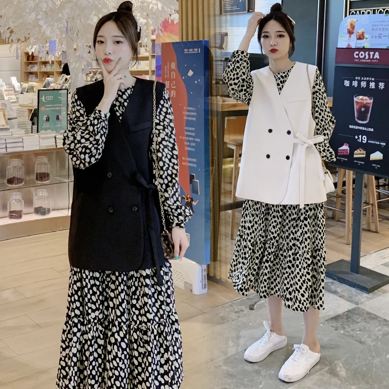 

Maternity Autumn Long Lantern Sleeve Chiffon Dress Plus Size O-Neck Ruffle Patchwork Pregnant Women Polka Dot Mermaid Dress Cute