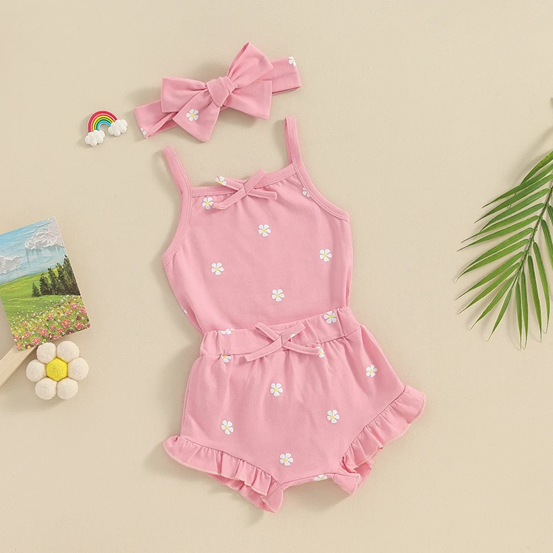 

Infant Baby Girl Daisy Clothes Floral Sleeveless Cami Tank Romper Ruffle Bloomer Shorts Headband 3Pcs Summer Outfit