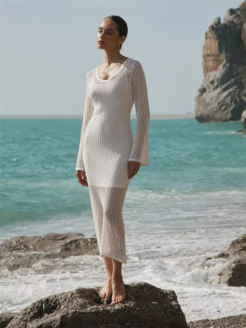 

Wedifor Sexy Hollow Out Cover Ups Dress For Beachwear Summer Holiday Knit See Through Two Piece Set Long Sleeve Women Clothes