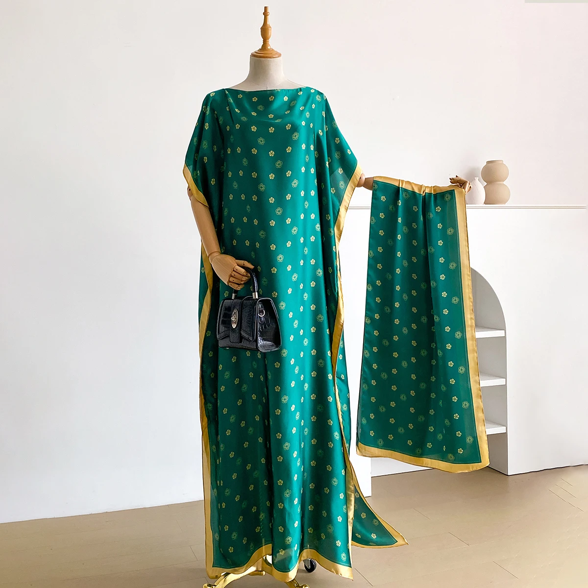 NEW Fashion Summer Dress With Big Scarf Dubai Turkey Kaftan Muslim Loose Abaya Women African Casual Little Flower Shawl Robe