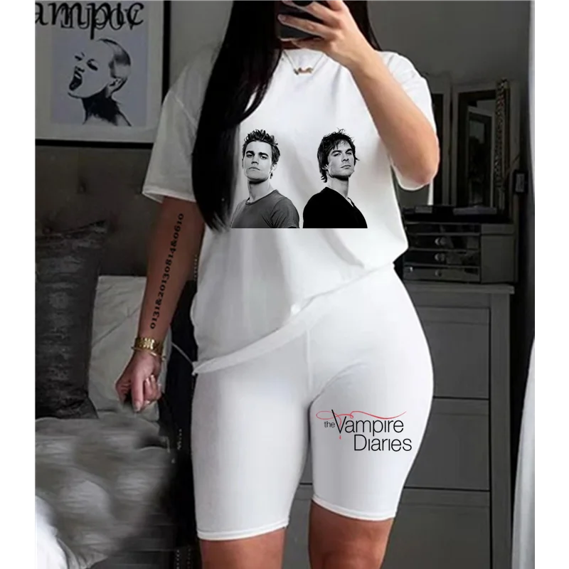 The Vampire Diaries T-Shirt Stampate A Maniche Corte E Pantaloncini Tuta Estiva O-Collo Casual Da Jogging Pantaloncini Da Moto Tuta Da Donna
