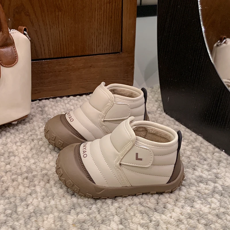 Baby Autumn/Winter Fashionable Round Toe Plus Velvet Soft/Warm Cute Thick-soled Short Boots Kids Lightweight One-piece Snow Boot