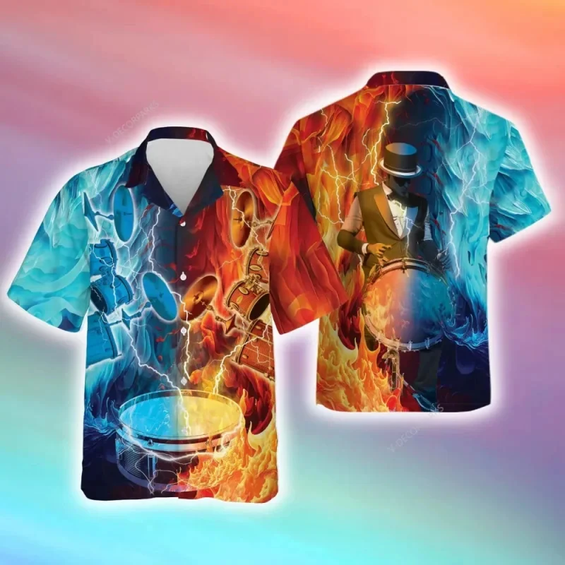 Hawaiian Shirts For Men Drum Graphic Summer Casual Short Sleeve Y2k Tops Oversized Streetwear Vintage Beach Blouse Clothing Male
