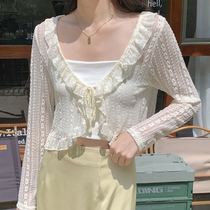 Women Summer Long Sleeve Lace Shrug Tie Knot Front Striped Mesh Cropped Cardigan  Ruffle Trim Sheer Beach Cover Up Jacket - AliExpress