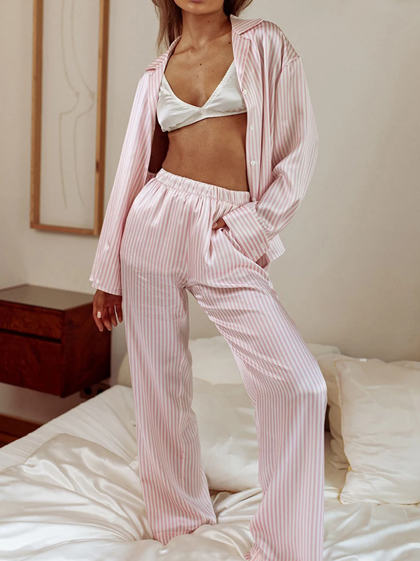 Marthaqiqi Loose Striped Ladies Sleepwear Suit Long Sleeve Nightgowns Turn-Down Collar Nightwear Pants Causal Female Pajama Set