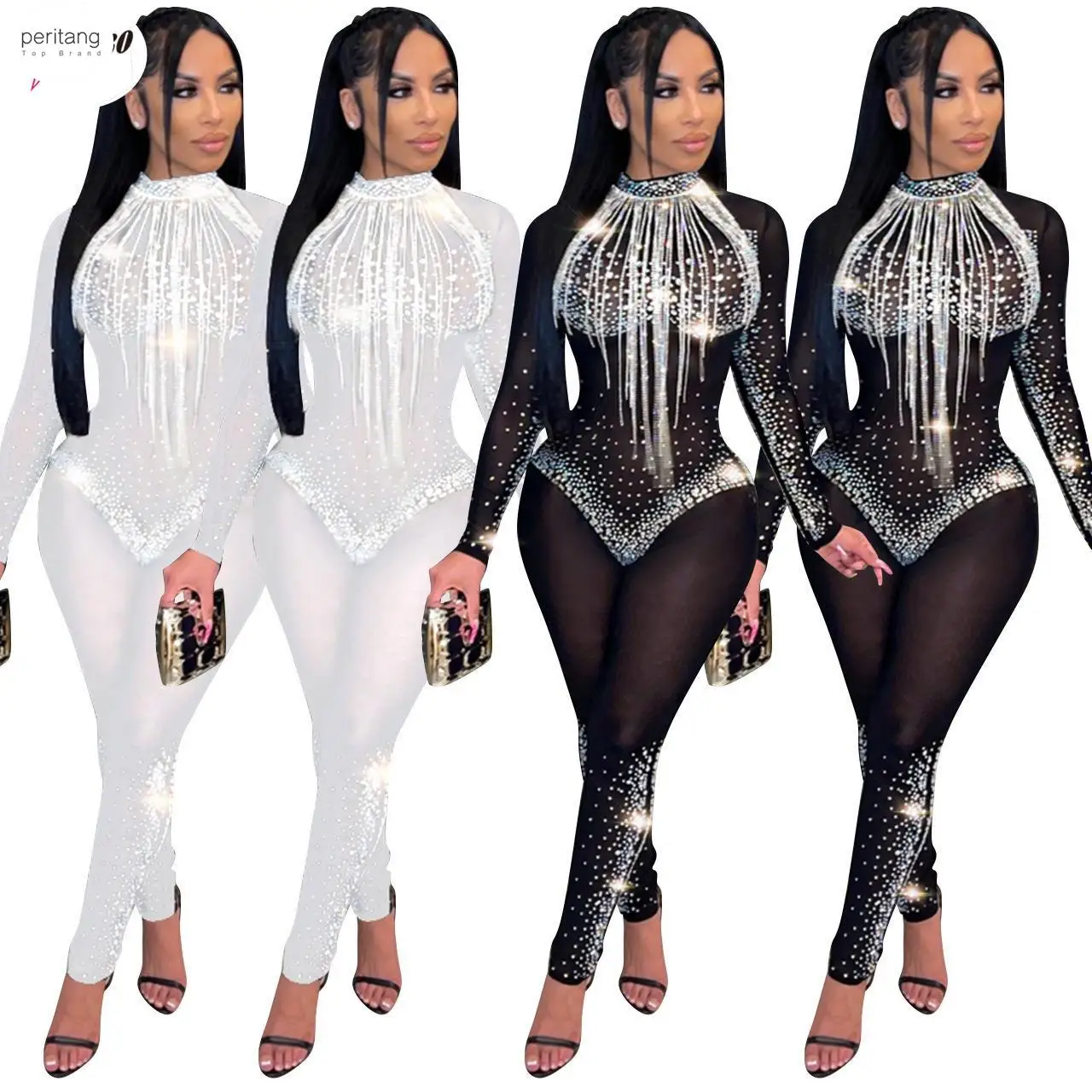 

Sequin Woman Elegant Clothes Sexy Party See Through Long Jumpsuit For Women Female Romper One-piece Overalls Night Club Outfits