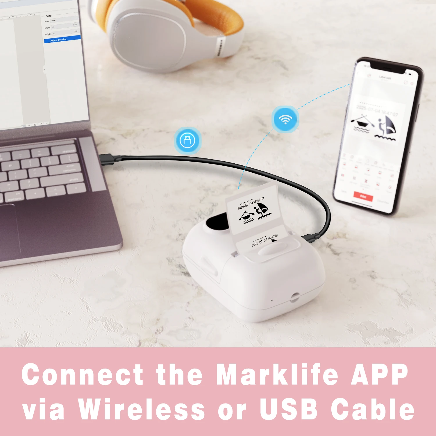 Marklife 무선 라벨 프린터 P50 잉크리스 블루투스 열전사 라벨 메이커 접착 라벨 스티커 기계 DIY 패턴 바코드