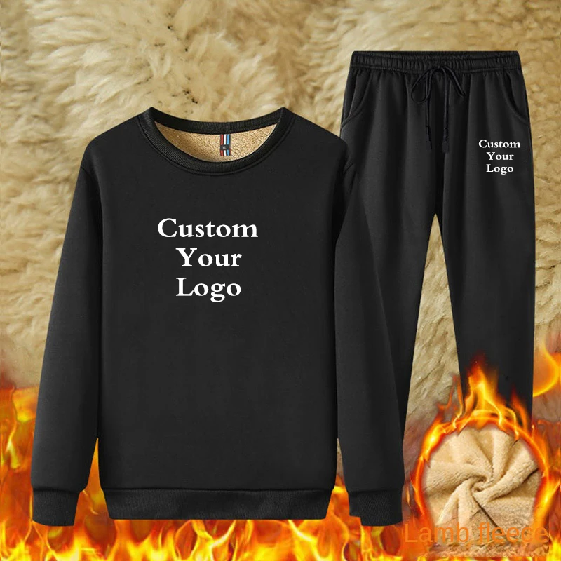 Spring Autumn Custom Logo Thick Warm Men's Tracksuit Sets 2 Piece Sweatshirt+Pants Casual Male Set Sportswear Sweat Suits