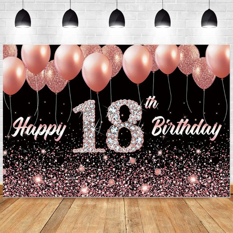 

Rose Gold 18th Photo Backdrop Boys Girls Eighteen Happy Birthday Party 18 Photography Background Photo Banner Balloon Prop