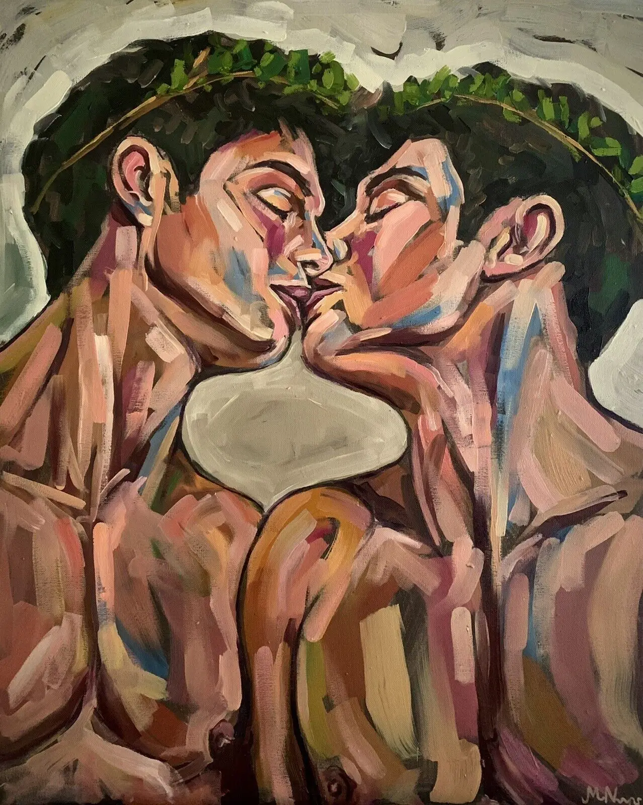 

100% handpainted Naked Men Kiss Gay Queer Homoerotic Oil Painting, Male Nude Lovers