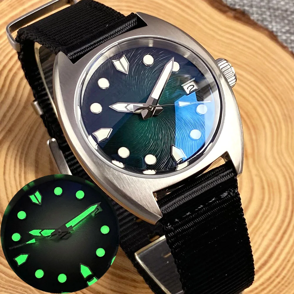 36mm Brushed Tandorio Diver 200m Japan NH35A Green Blue Red Dial Texture Gradient Watch For Men Double Dome Glass Green Luminous