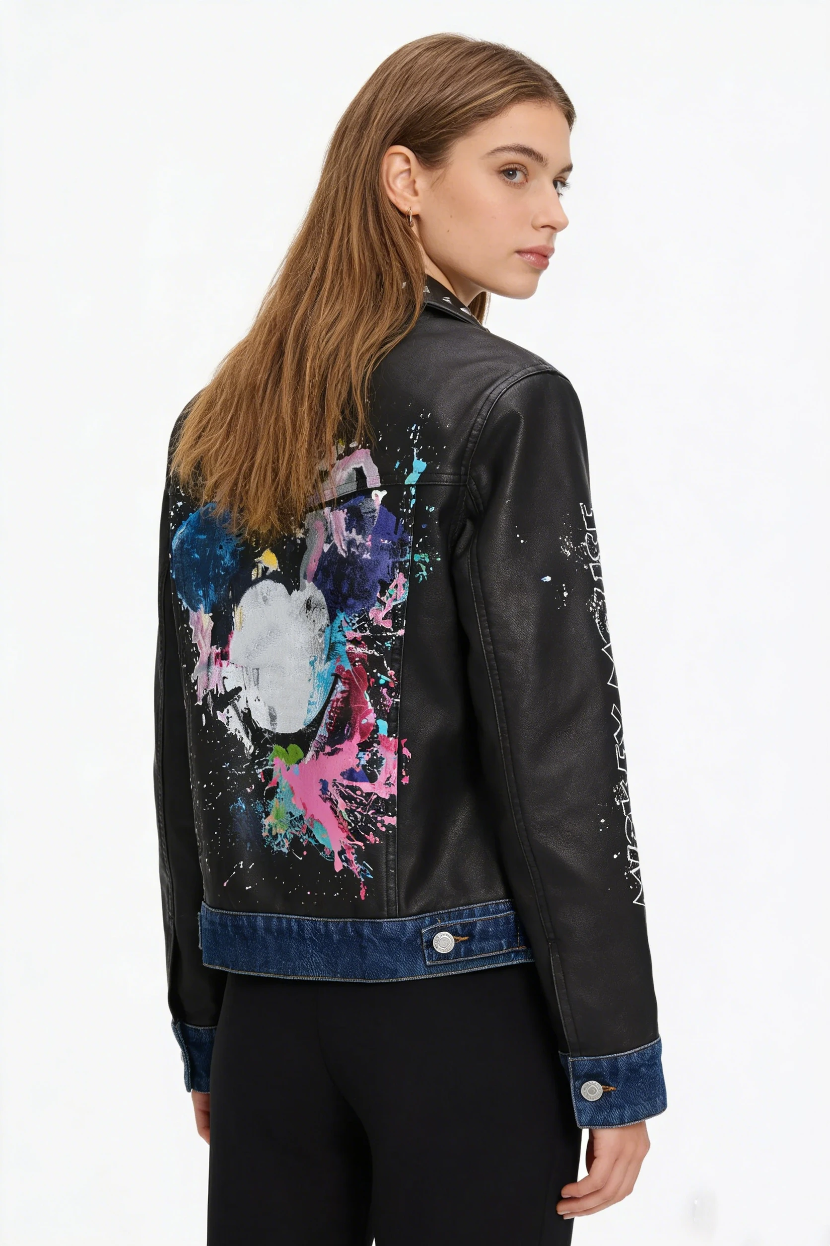 Women's jackets high quality women's clothing Women's denim jacket Coat New Women's Cartoon Printed Splicing PU Jacket - 5