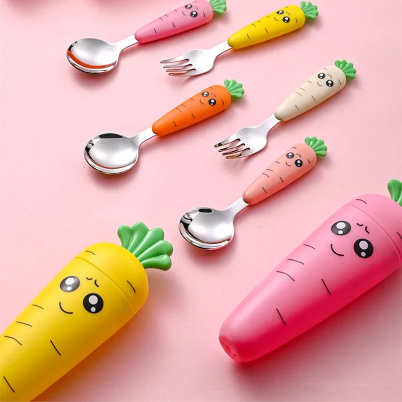 Cartoon Carrot Spoon Baby Feeding Utensils Child Cutlery Set Cute Kid Fork Spoon Kitchen Gadgets Tableware Fork Teaspoon 3PCS