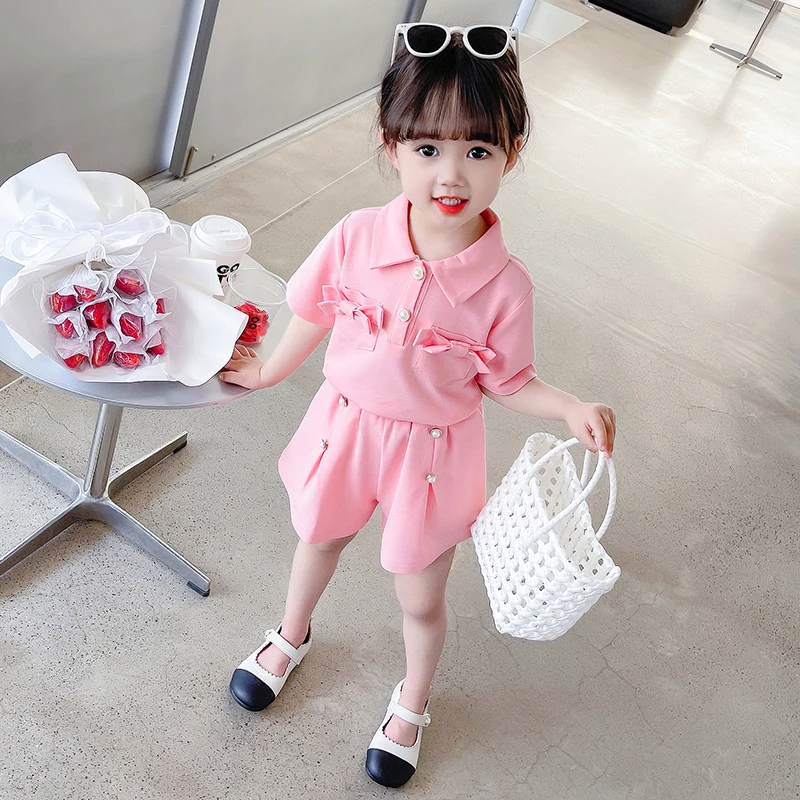 

2023 Summer Children Bow T Shirt Shorts for Baby Girls Clothing Sets Kids Casual Sportswear Infant Clothes Outfits 2-8 Years