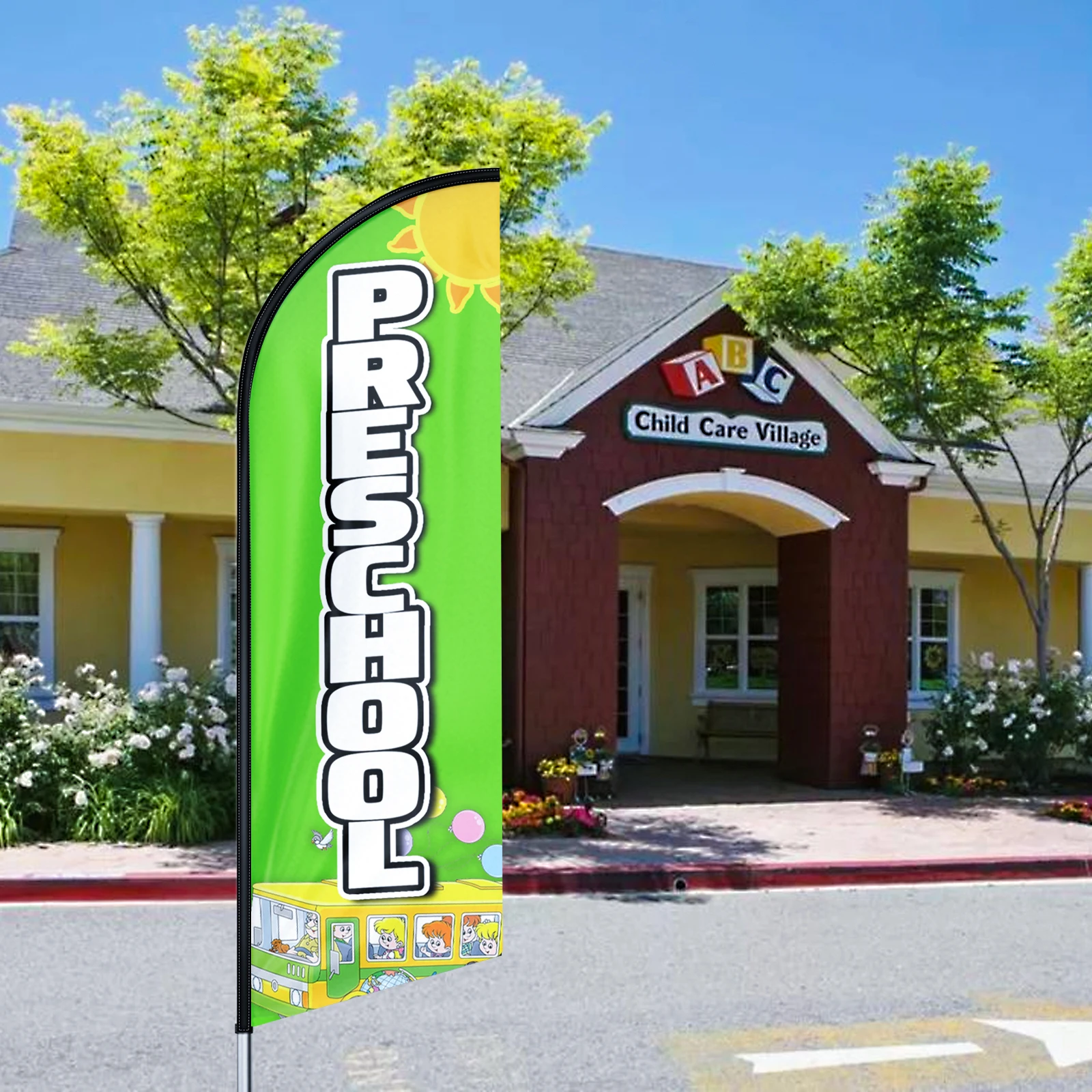 

Advertising Business Preschool Printed Flag Sign Decoration Customized Swooper Banner 7.6Ft✖2.1Ft with Pole Kit and Ground Stake