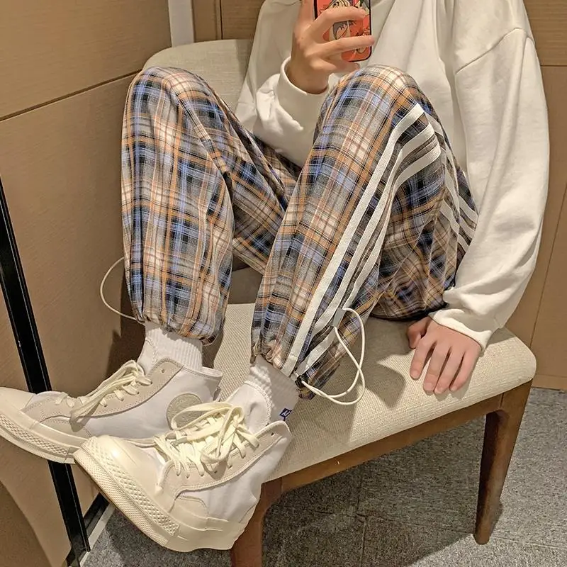Vintage Casual Lattice Stripe Loose Personality Trousers New High Quality Hong Kong Style Youth All-match Summer Man Pants 2022