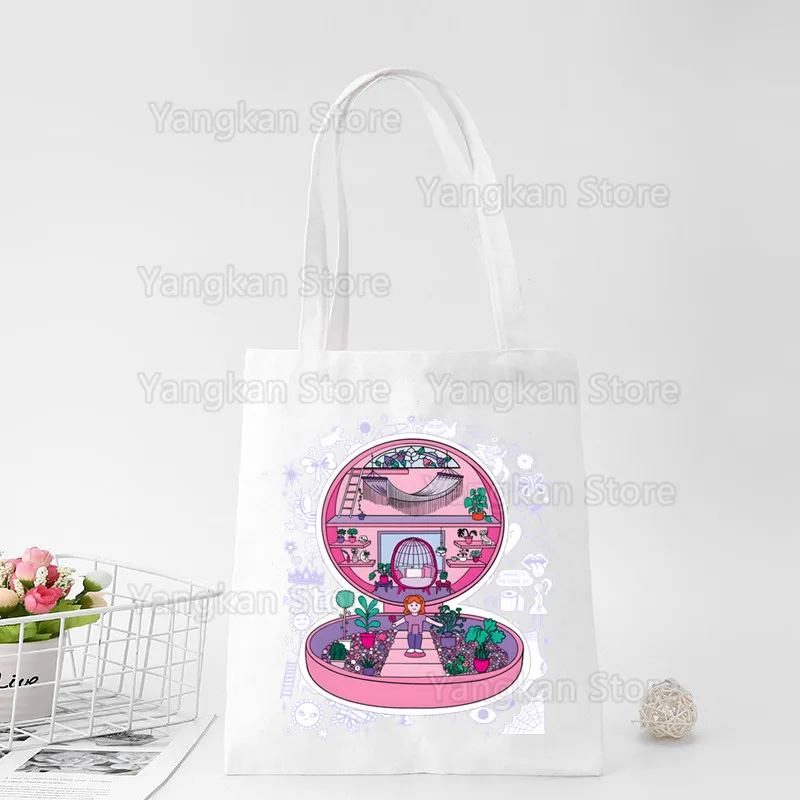 Borsa per la spesa Polly Pocket con stampa di borse in tela da viaggio alla moda unisex bianche dal design originale - immagine 2