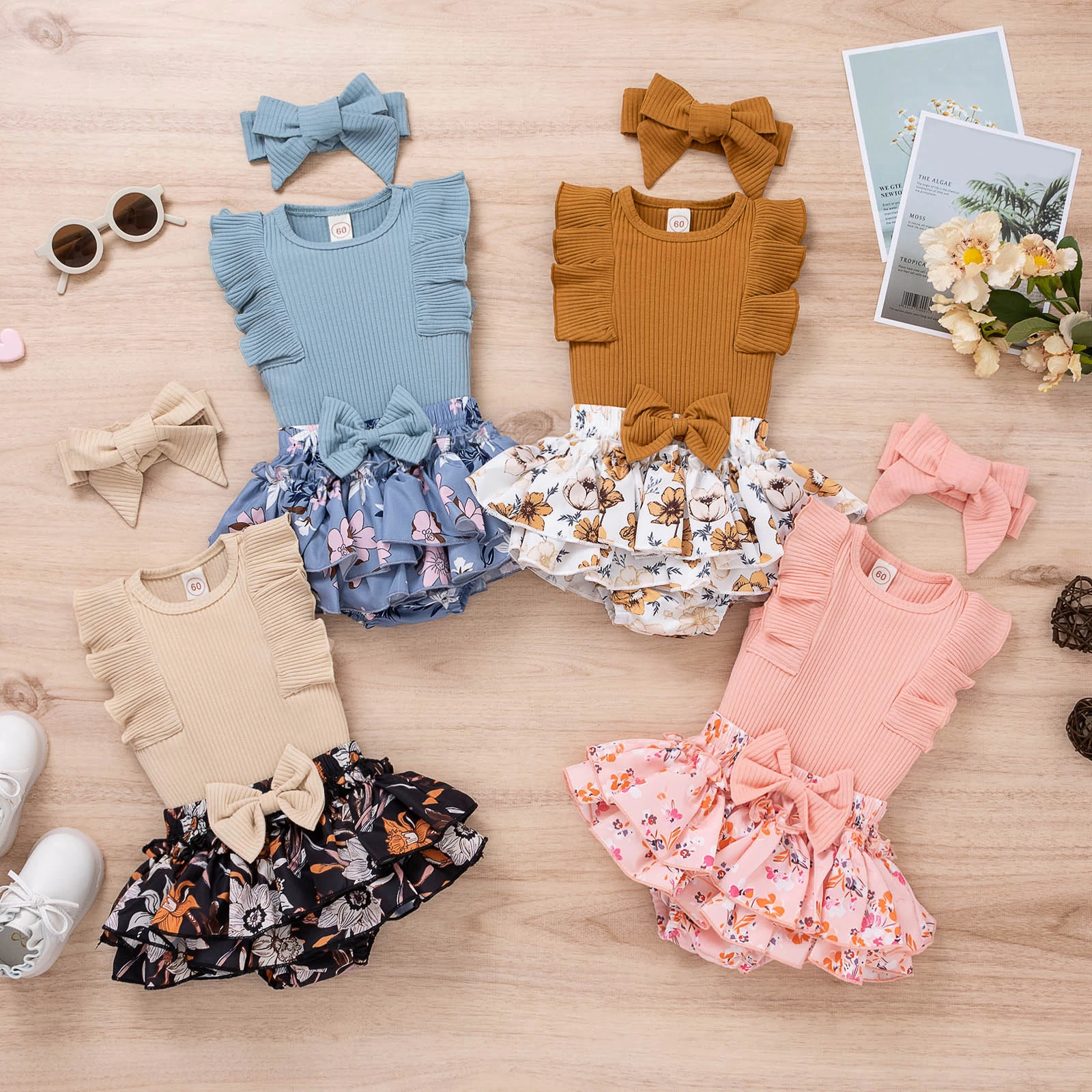 baby dress set for girl Baby Girl Clothes Set Sleeveless Ribbed Romper Bodysuits Ruffles Floral Printed Shorts Headbands Newborn Outfit комплекты одежды baby shirt clothing set