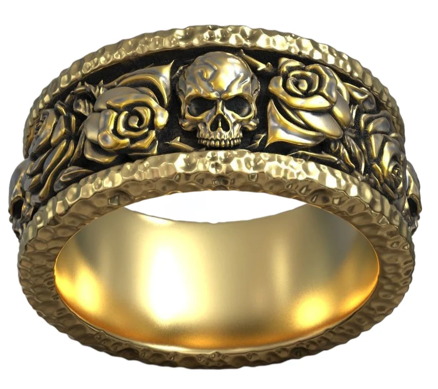 

16g Hiphop Forged Roses Skull Pattern Hammered Gold Ring 925 Solid Sterling Silver Ring