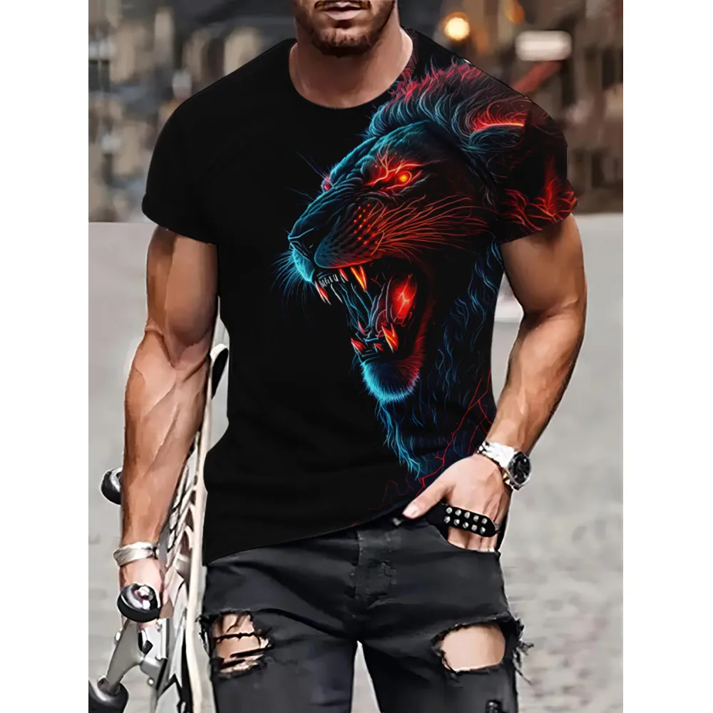 

Summer Strong Men's Fashion Black Short sleeved 3D Punk Lion Print Daily Leisure Dating Shopping T-shirt