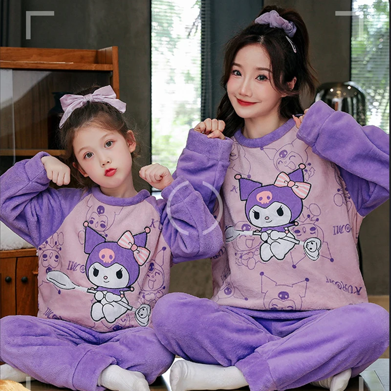 

Anime Sanrio Kuromi Girls Plush Pajamas Kawaii Cinnamoroll Winter Home Wear Coral Velvet Parent-Child Wear Cute Nightdress Gift
