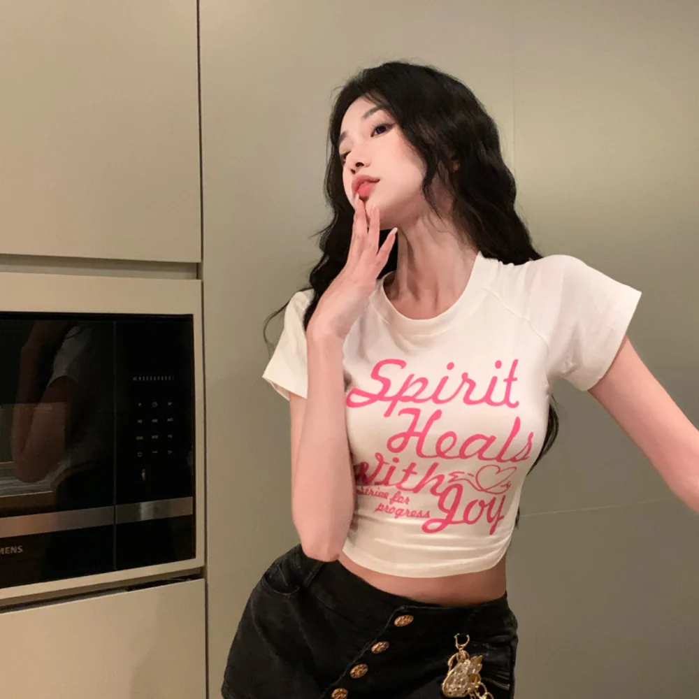 Round Neck Sweet Crop Top New Sexy Print Slim Fit T-shirt Short Sleeve Slim Sexy Short Sleeves Women