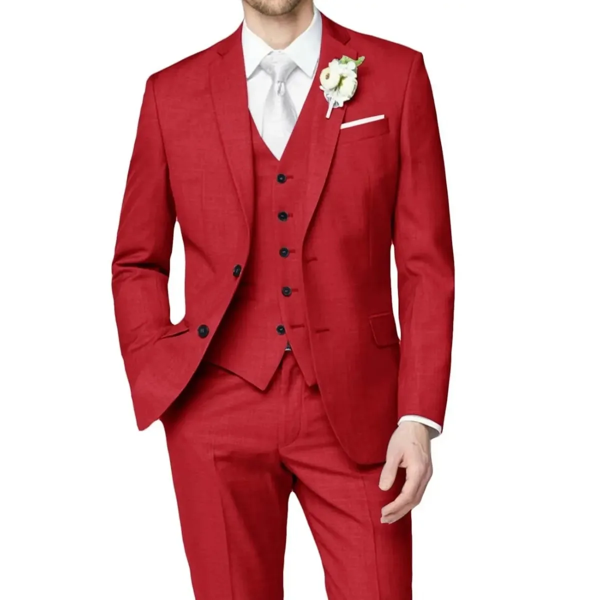 

Red Men's 3 Piece Slim Fit Suits Wedding Groomsmen Prom Business Suit One Button Blazer Jacket Vest Pants Tuxedo Set 2024