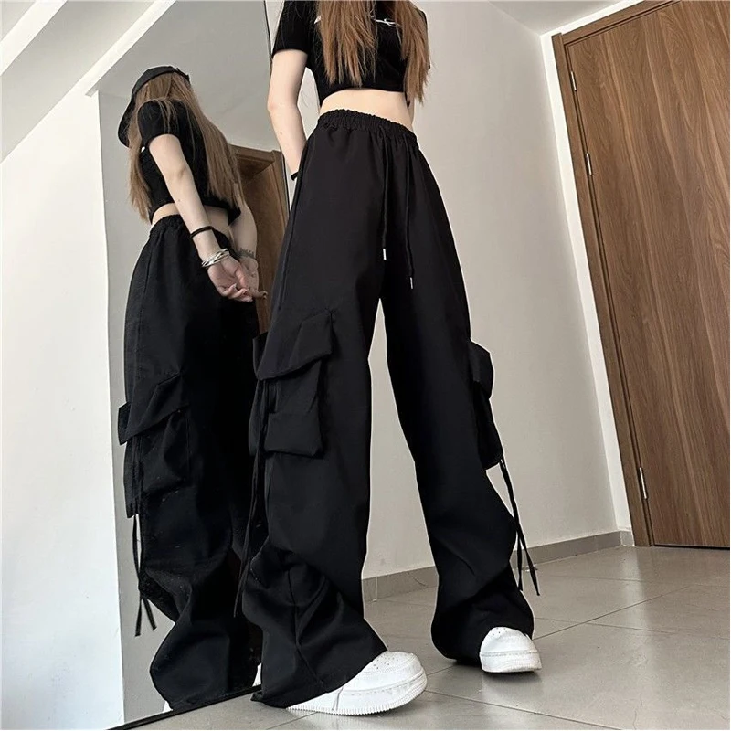 Street Casual Elastic Waist Loose Trend Cargo Pants Spring Summer New Solid All-match Youth Straight Pants Fashion Women Clothes