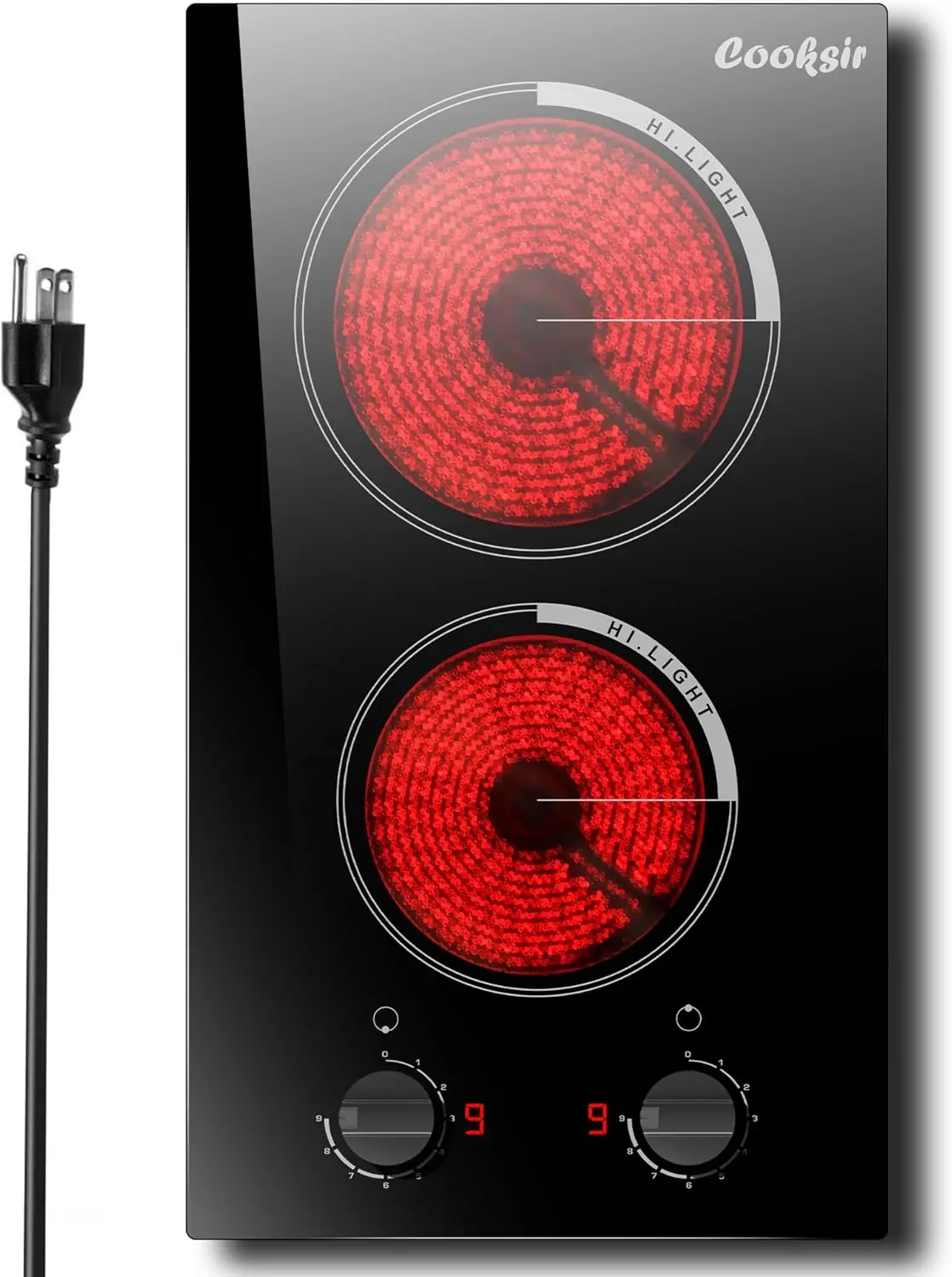 2 Burner Electric Cooktop-110v Countertop Electric Stovetop 2000W, 12 Inch Ceramic Stove with Residual Heat Indicator, Over