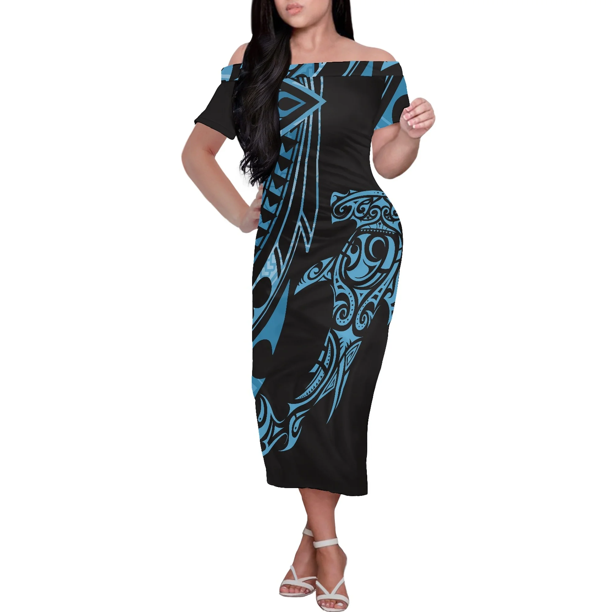 

Polynesian Tribe Off Shoulder Short Sleeve Tight Sexy Fashion Clothes Samoa Print Women Dresses Summer Ladies Office Dress