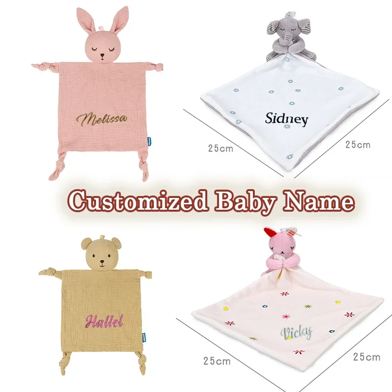 Name Personalized Embroidered Newborn Security Blanket Plush Soft Cotton Baby Sleeping Cuddling Towel Birth Gift