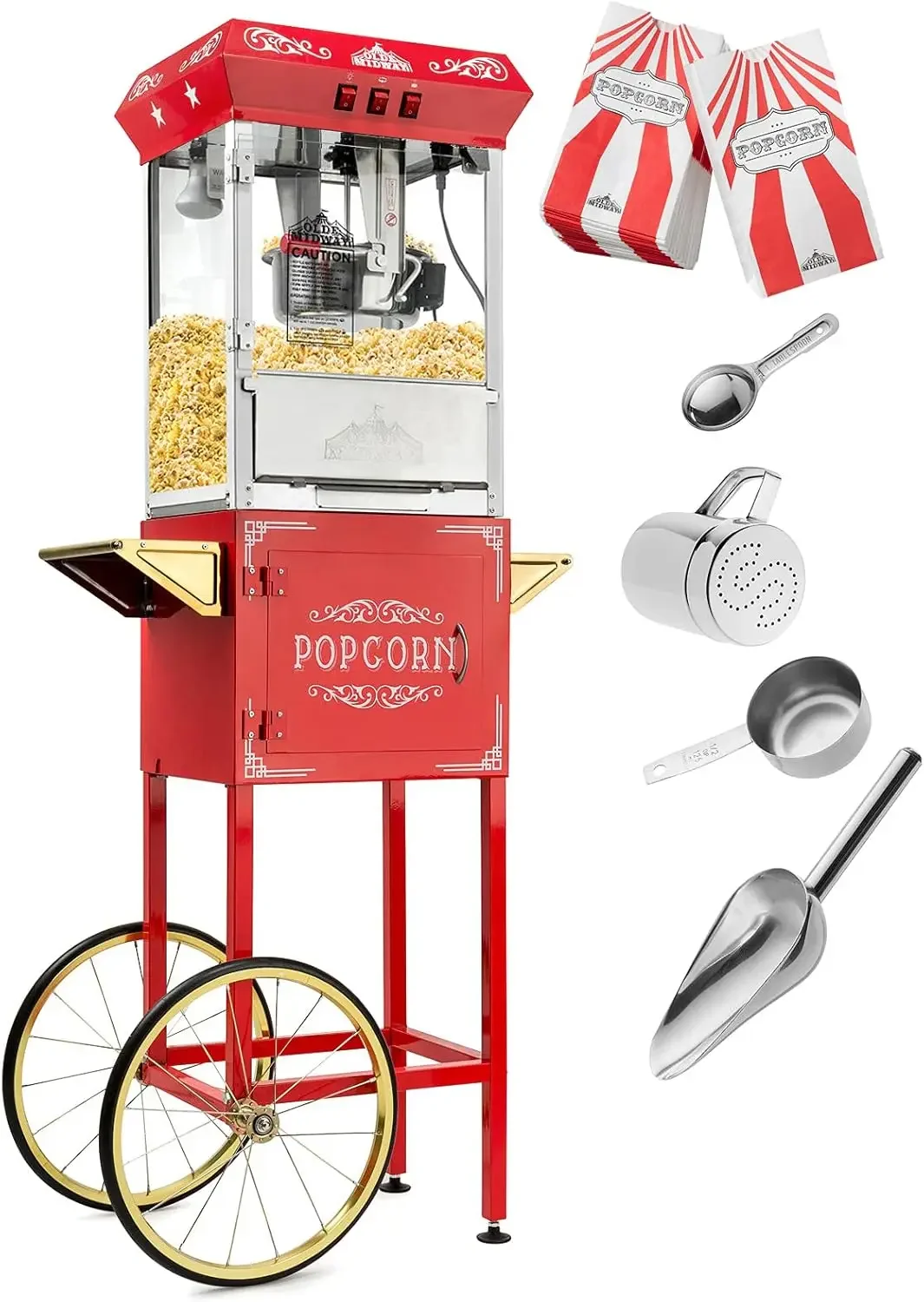 Midway Vintage Style Popcorn Machine Maker Popper with Cart and 10-Ounce Kettle-Red
