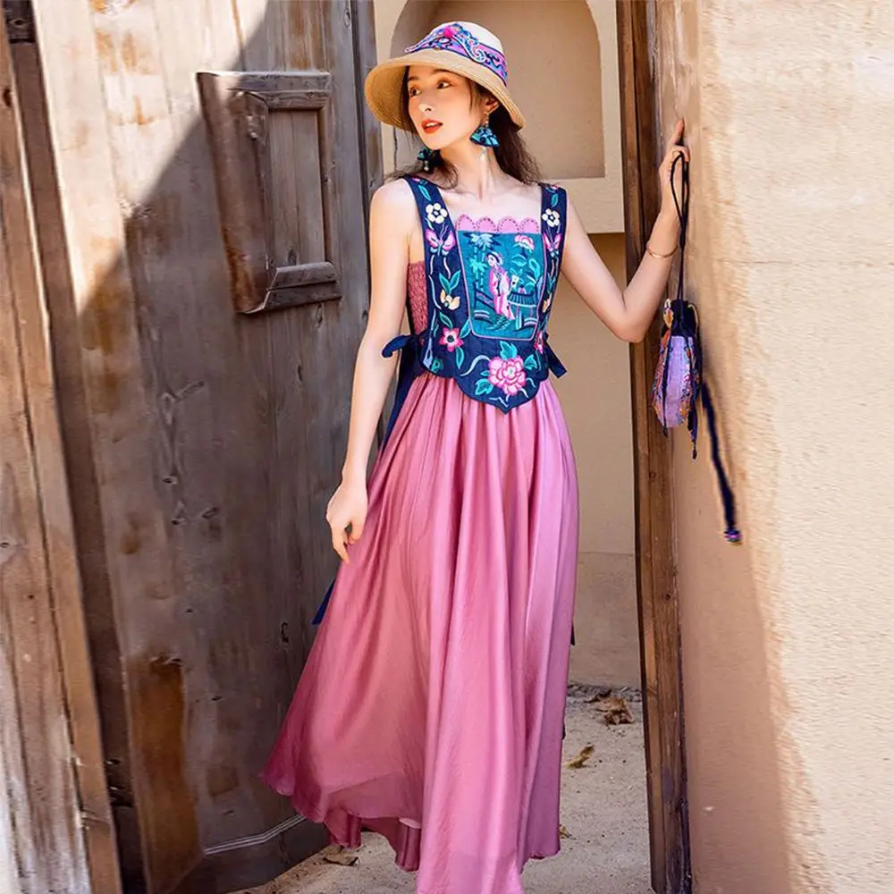 fashionable ethnic style robe set chinese style exquisite embroidery irregular design vest fairy strapless suspended dress