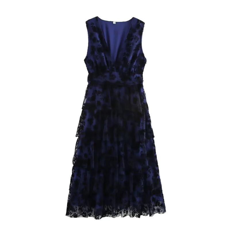 Women's Clothing 2025 New European And American Style Sleeveless Slim Fit Dress V-neck Temperament Layered Cake Skirt
