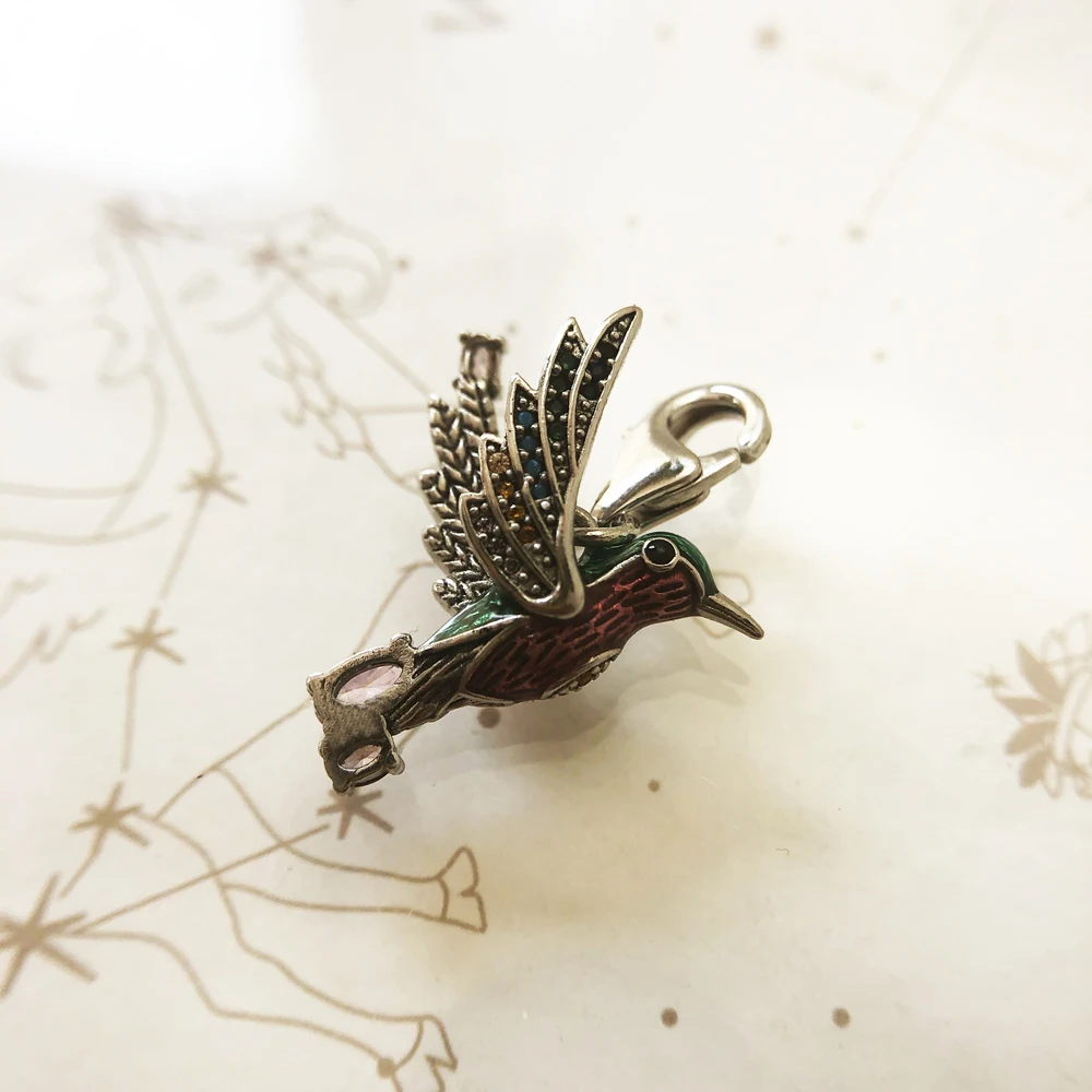 Ciondolo Colibrì In Argento 925 Smaltato - Gioiello Stile Europeo Per Bracciale Charm