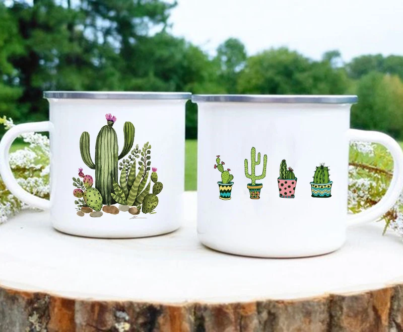 

Tropical Plants Cactus Print Enamel Creative Coffee Tea Water Milk Cups Summer Camping Mugs Handle Drinkware Vacation Mug Gifts