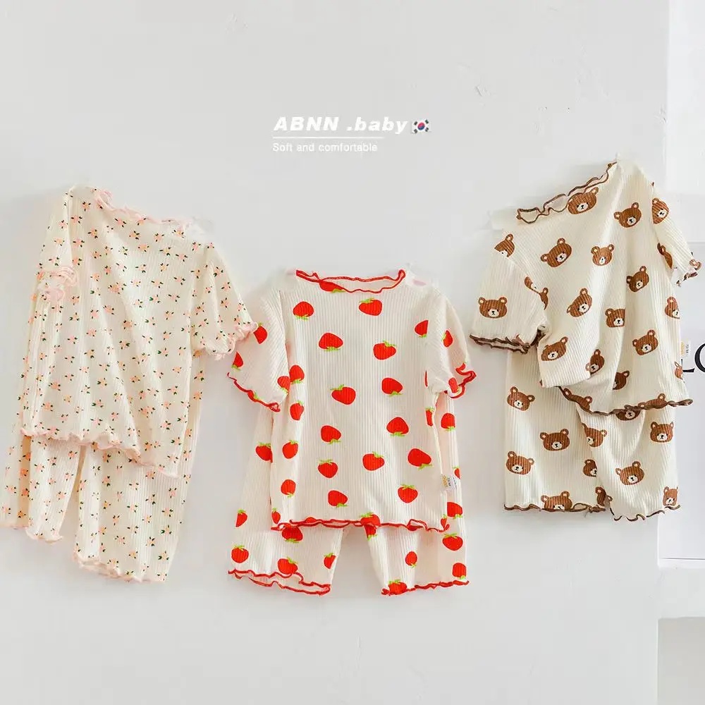 2025 Summer New Girls Home Clothes Costume Short-sleeved Floral Suit Baby Two-piece Set Korean Version Pajamas Homewear Suit 6
