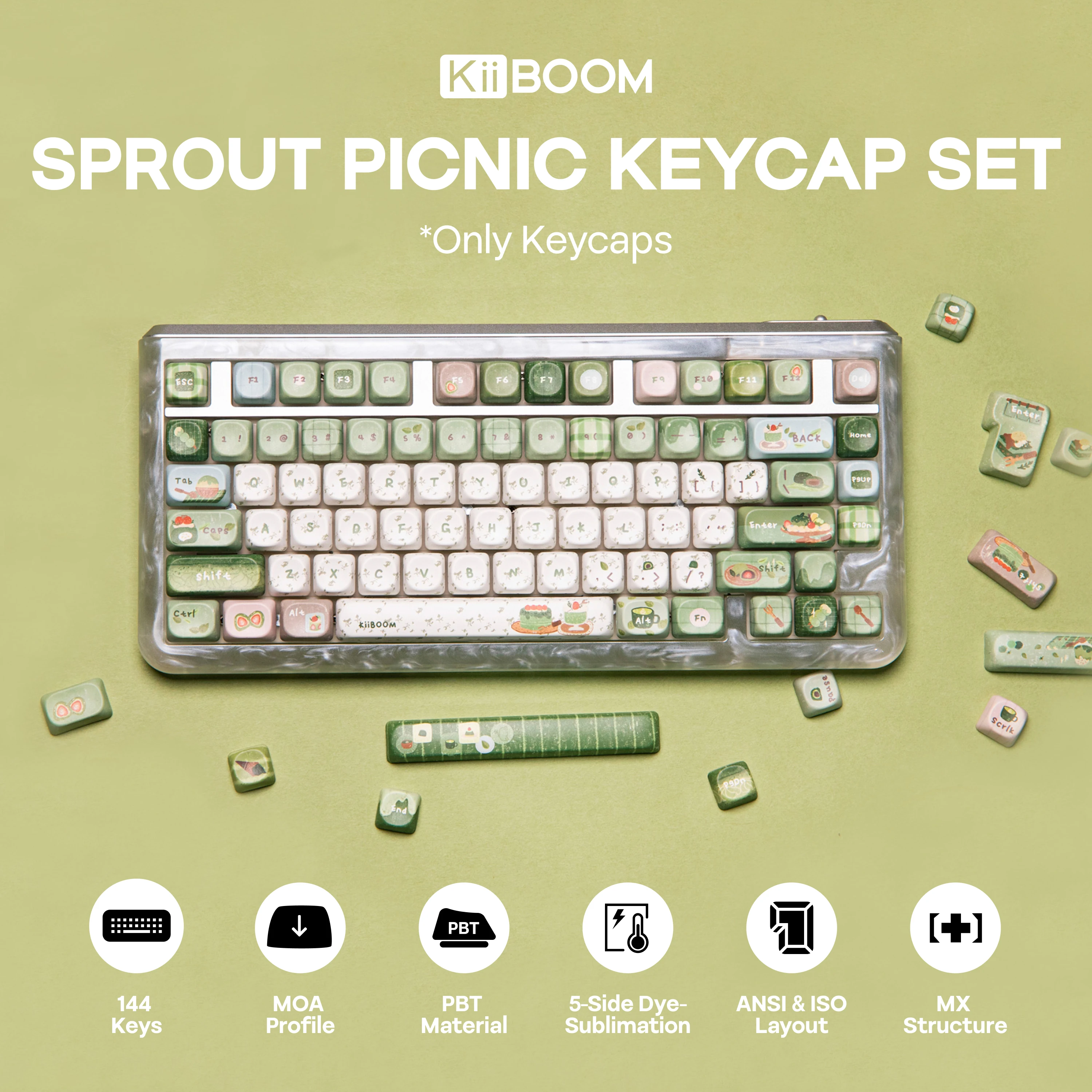 KiiBOOM Sprout 피크닉 키캡 세트 144 키 MOA 프로파일 5면 염료 승화 PBT(60%/65%/75%/TKL/풀 사이즈 게임용 키보드용)