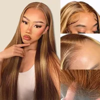 Perruques Highlight 13x4 Cheveux Humains Vietnamiens Lisses Comme des Baguettes, Perruque Frontale HD 13x6 pour Femmes, Blondes Colorées 4/27 Pré-Pluckées 4